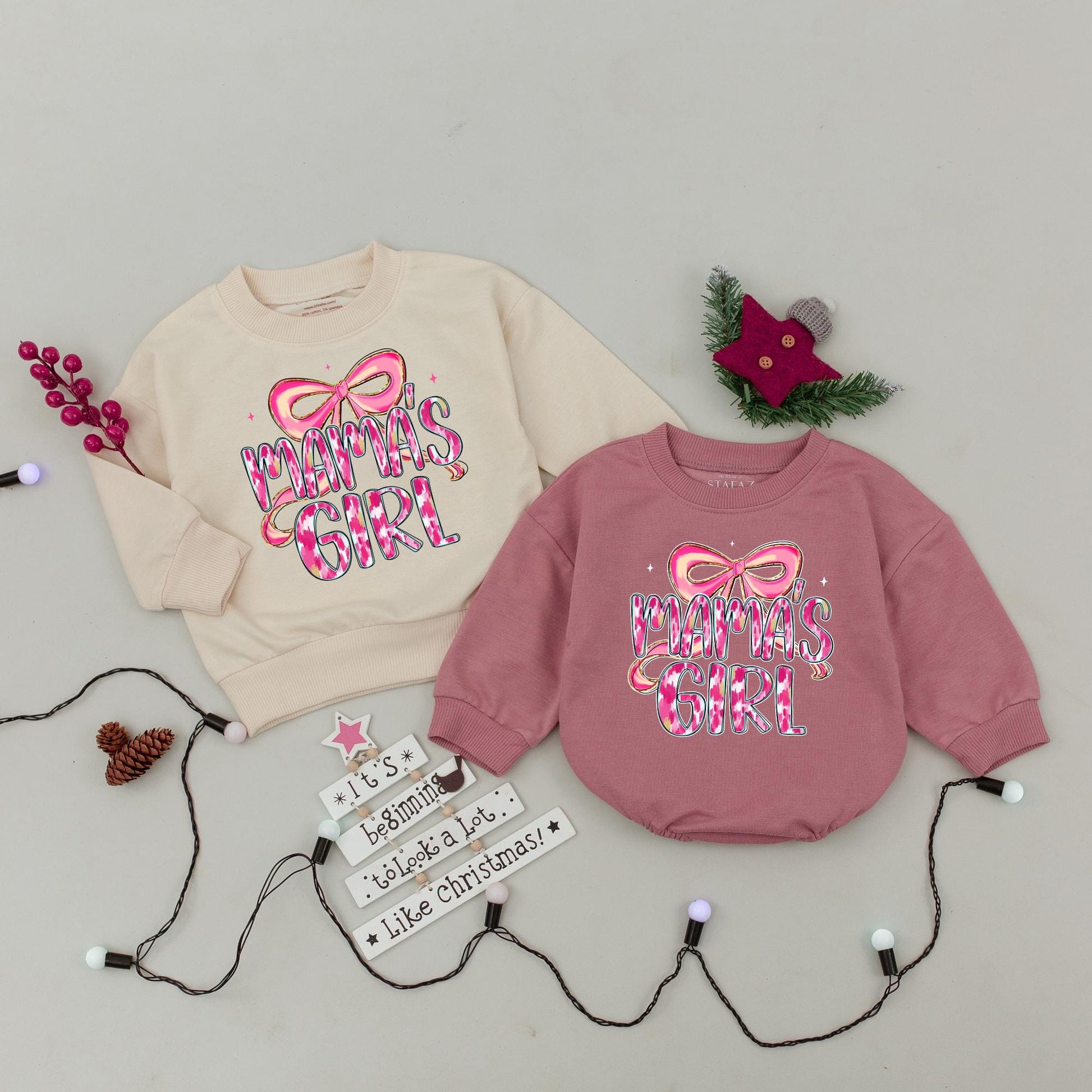 Mama and Mama's Girl Matching Pink Bow Sweatshirts with Ikat Gold Accents for Custom Mother Daughter Girly Mothers Day Gift Whimsical Modern Playful