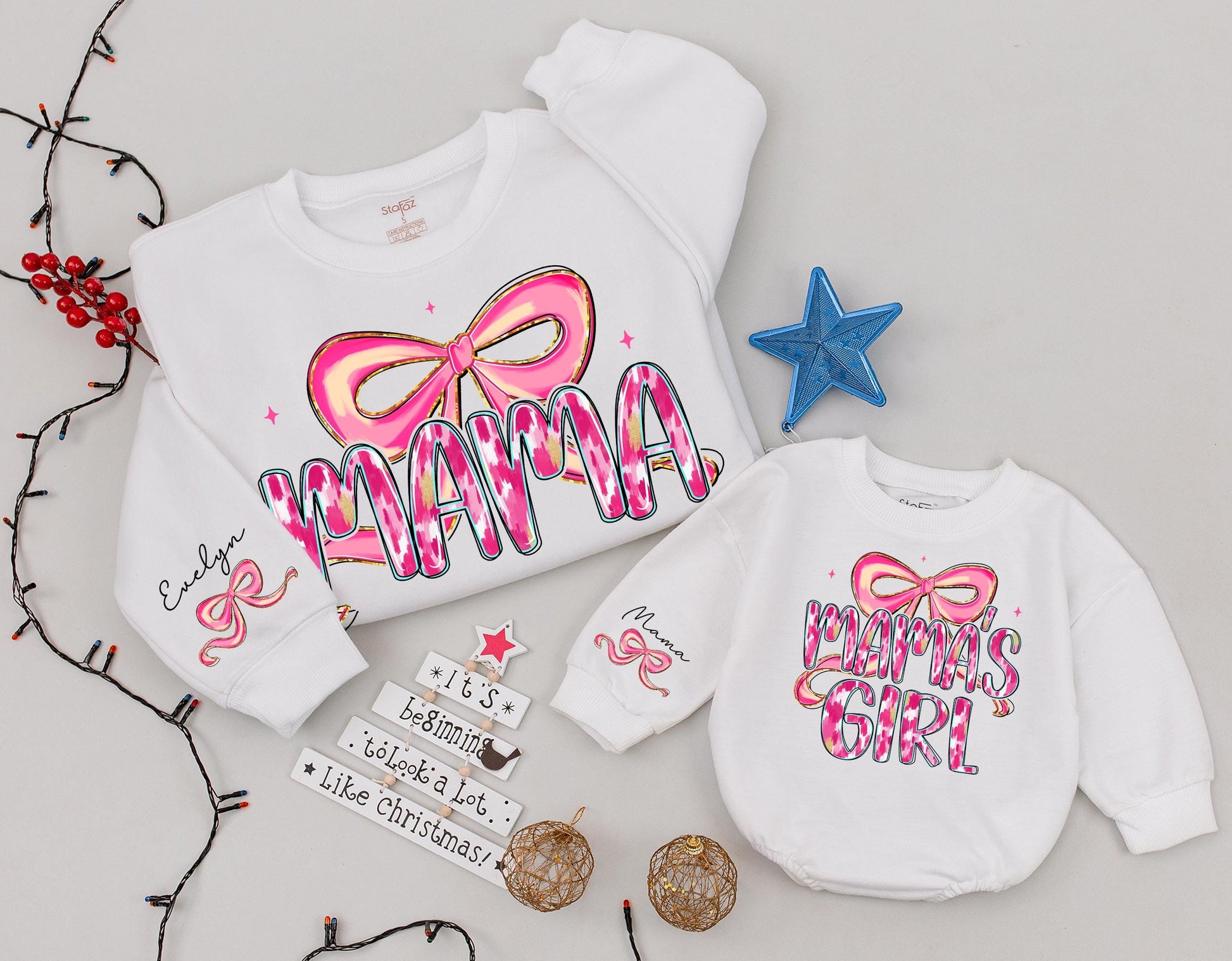 Mama and Mama's Girl Matching Pink Bow Sweatshirts with Ikat Gold Accents for Custom Mother Daughter Girly Mothers Day Gift Whimsical Modern Playful