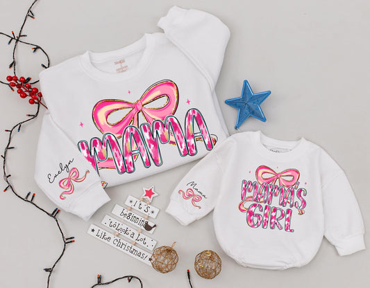 Mama and Mama's Girl Matching Pink Bow Sweatshirts with Ikat Gold Accents for Custom Mother Daughter Girly Mothers Day Gift Whimsical Modern Playful