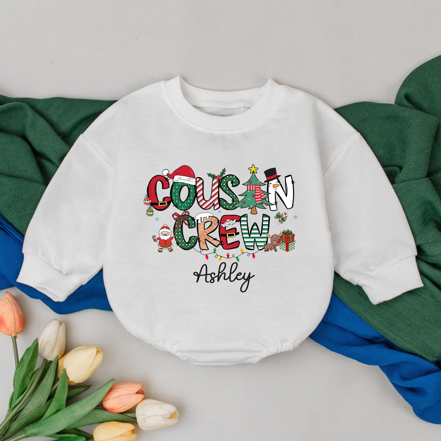 Personalized Cousin Crew Christmas Romper Bodysuit for Baby's First Holiday Matching Kids Outfit, Custom Name Family Photo Gift Idea