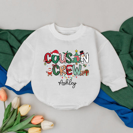 Personalized Cousin Crew Christmas Romper Bodysuit for Baby's First Holiday Matching Kids Outfit, Custom Name Family Photo Gift Idea