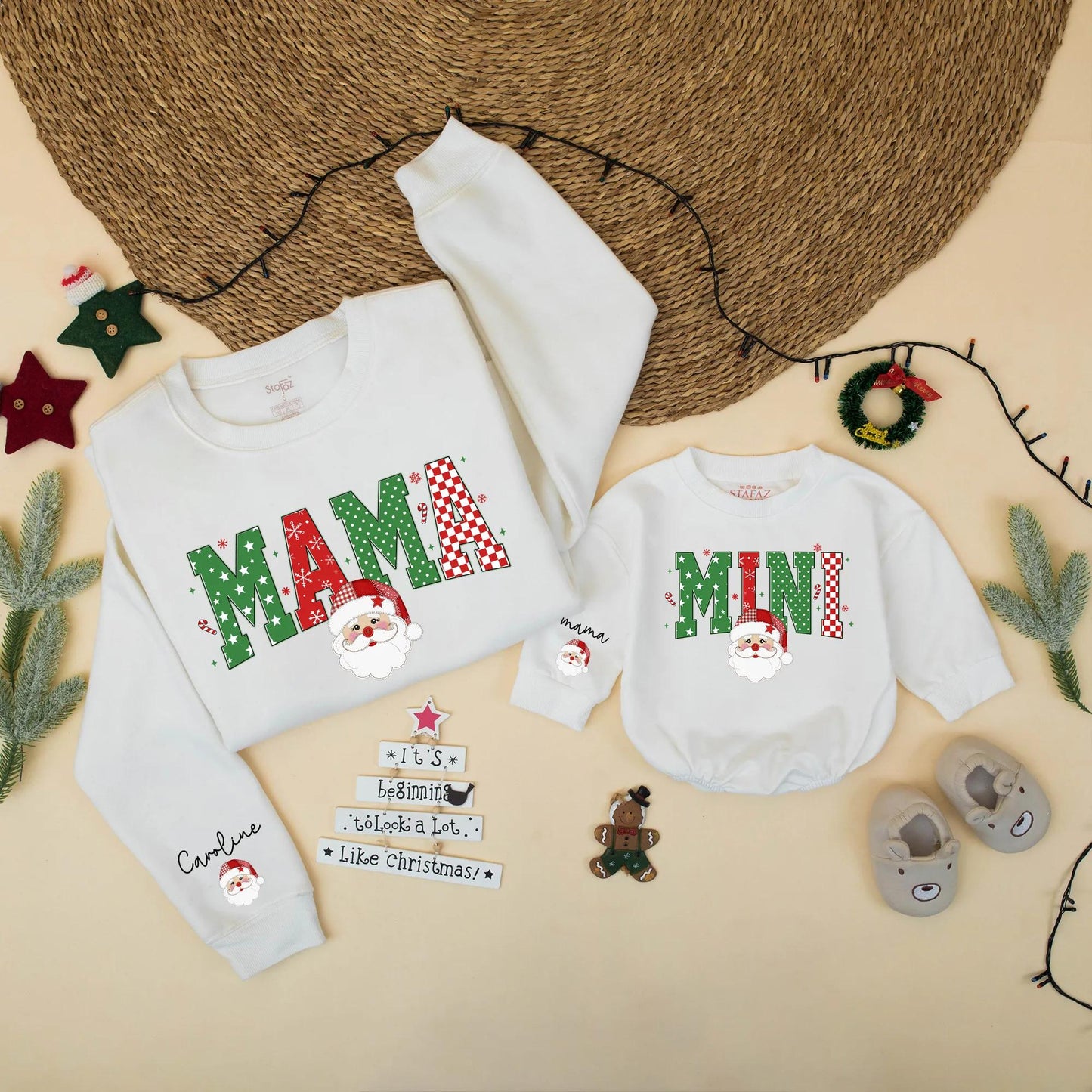 Personalized Mama Mini Christmas Sweaters Family Matching Santa Holiday Outfit Custom Winter Gift, Baby Girl Toddler Christmas