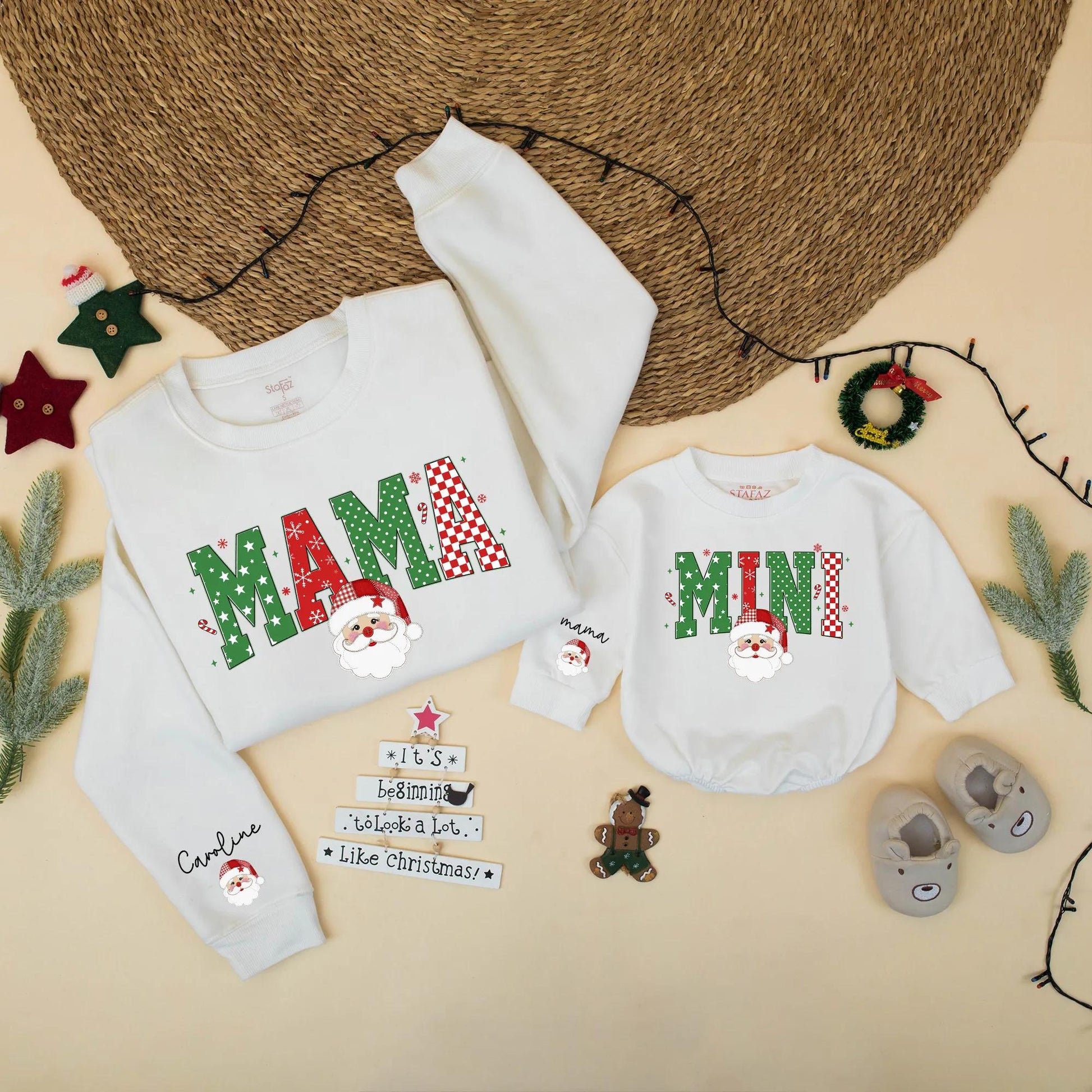 Personalized Mama Mini Christmas Sweaters Family Matching Santa Holiday Outfit Custom Winter Gift, Baby Girl Toddler Christmas