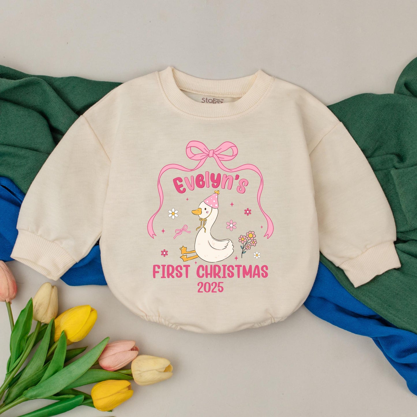 Personalized Preppy Christmas Goose Romper Baby First Christmas Outfit Holiday Gift for Baby Girl Duck Design Custom Outfit Newborn
