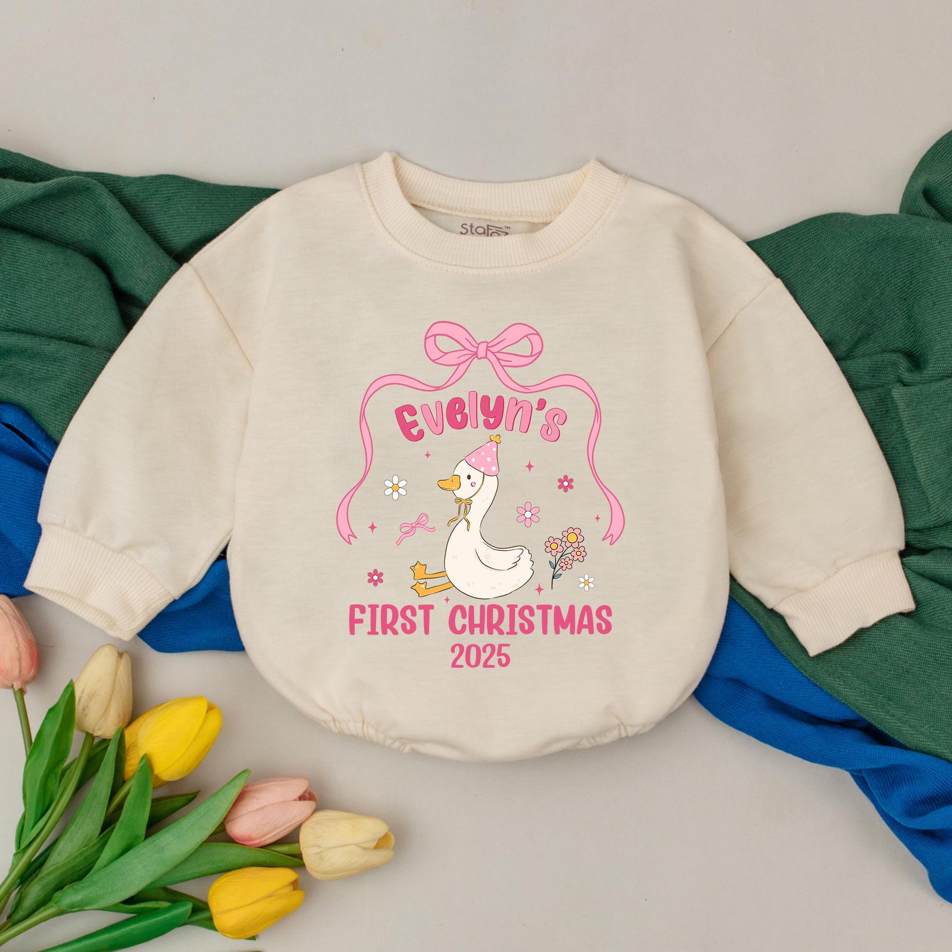 Personalized Preppy Christmas Goose Romper Baby First Christmas Outfit Holiday Gift for Baby Girl Duck Design Custom Outfit Newborn