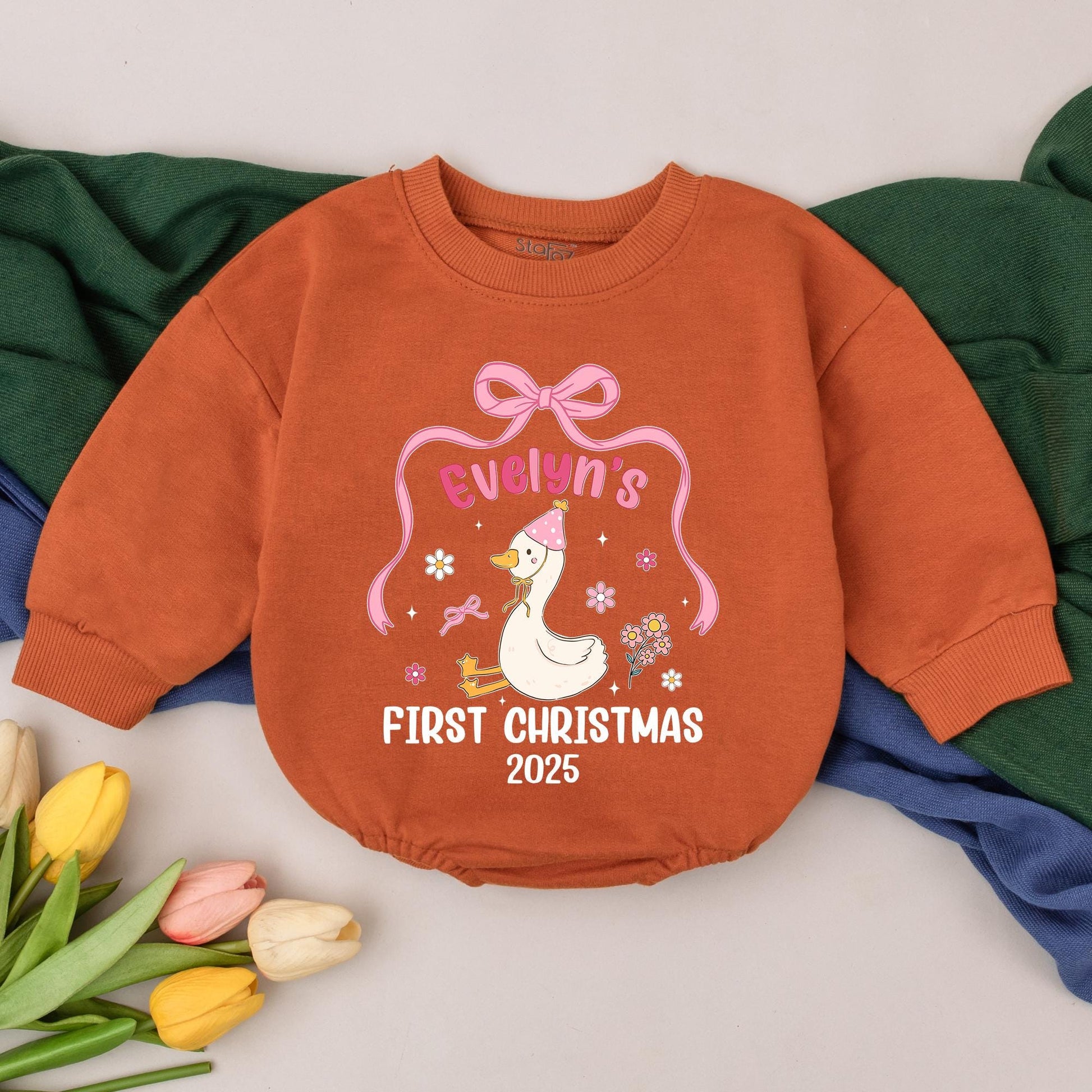 Personalized Preppy Christmas Goose Romper Baby First Christmas Outfit Holiday Gift for Baby Girl Duck Design Custom Outfit Newborn