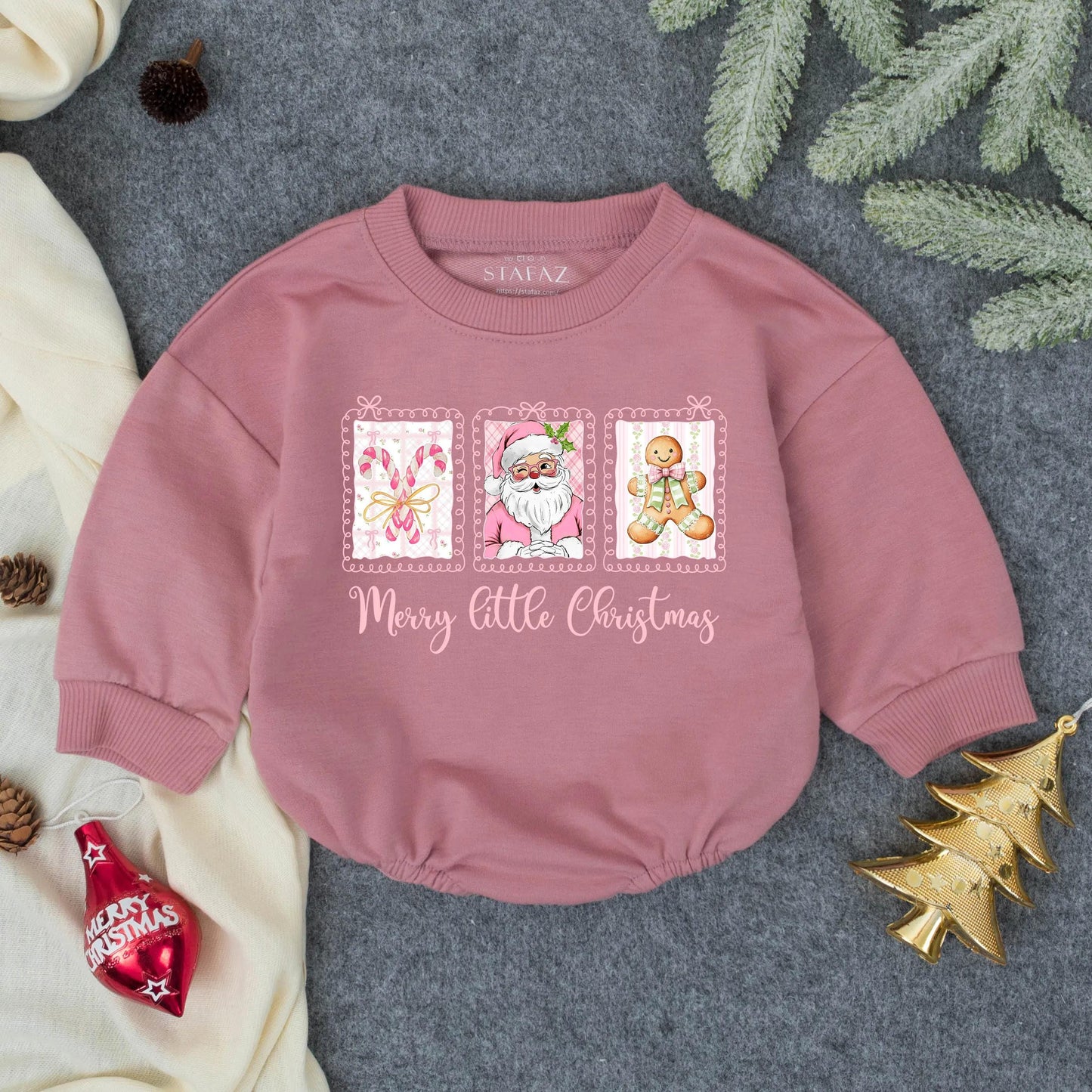 Light Pink Bubble Romper Baby Girl Christmas Outfit Preppy Holiday Toddler Clothes Soft Pink First Christmas Gift