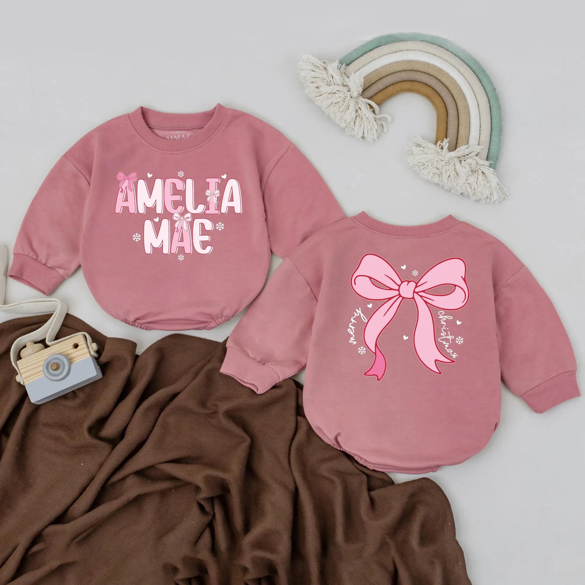 Amelia Mae & Merry Christmas Baby Girl Romper Cute Pink Snowflake Bow Holiday Outfit