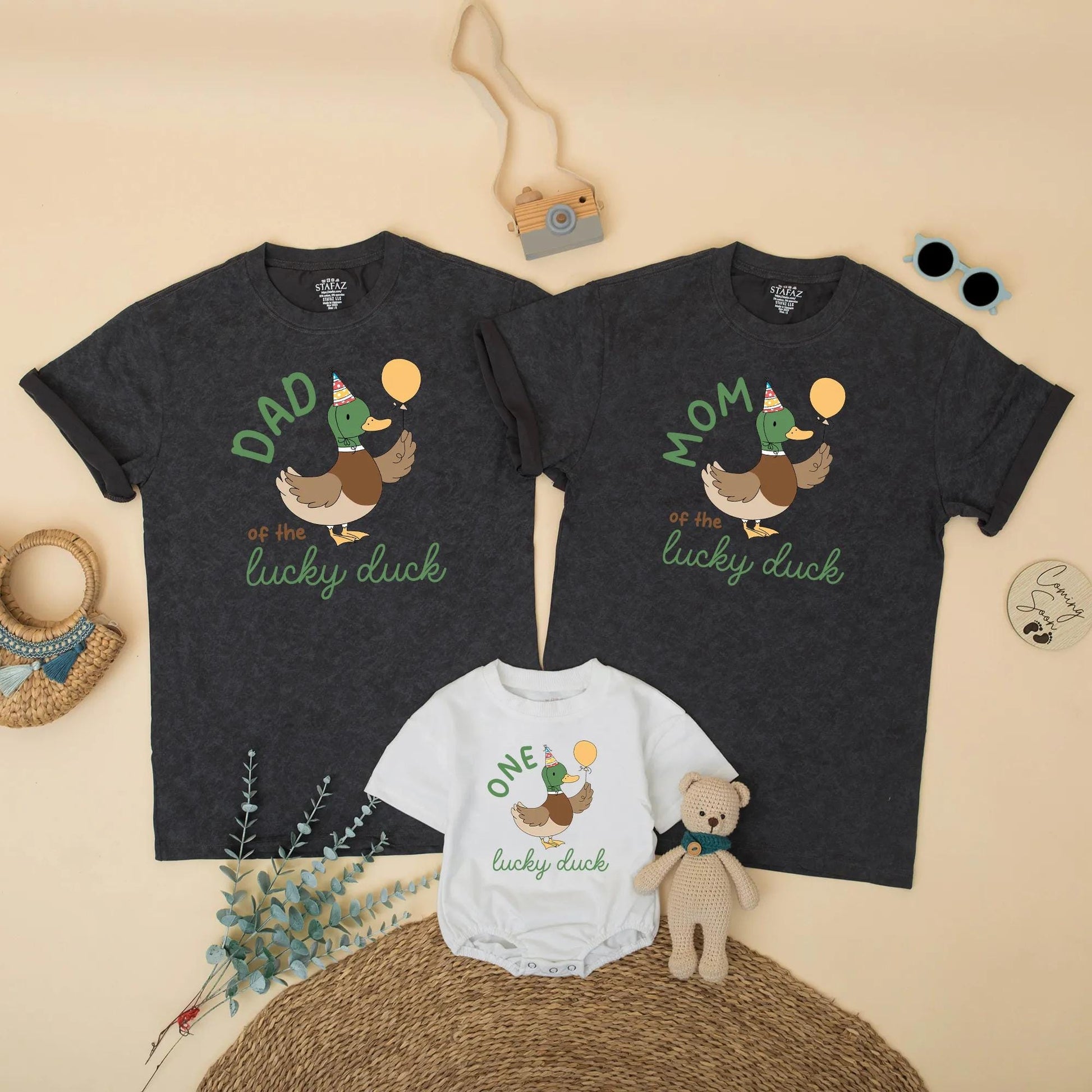 Matching Family One Lucky Duck Birthday Shirts, Boy's 1st Birthday Outfit, Mommy and Me Duck Tee, Cute Duck with Balloon, Gift