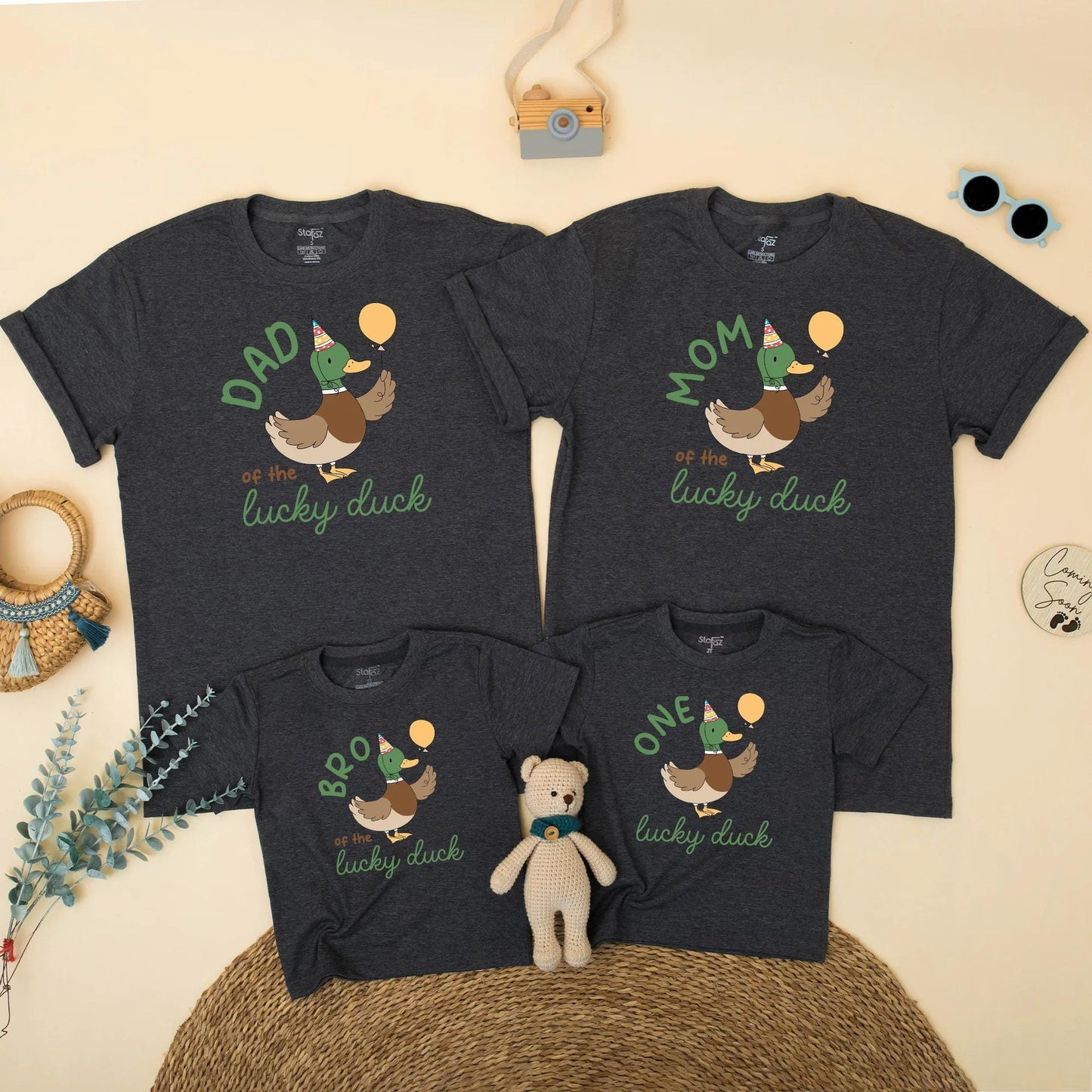 Matching Family One Lucky Duck Birthday Shirts, Boy's 1st Birthday Outfit, Mommy and Me Duck Tee, Cute Duck with Balloon, Gift