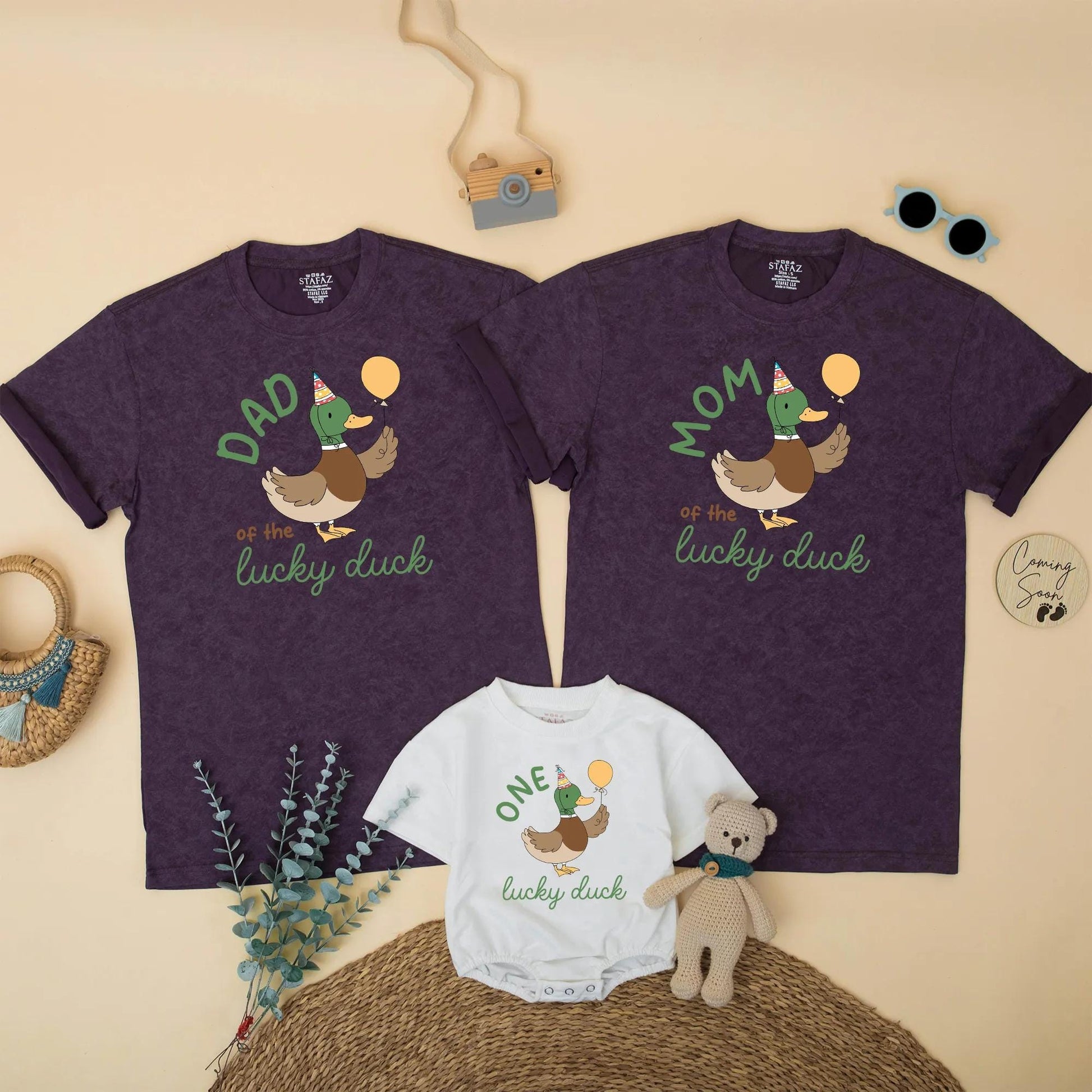 Matching Family One Lucky Duck Birthday Shirts, Boy's 1st Birthday Outfit, Mommy and Me Duck Tee, Cute Duck with Balloon, Gift