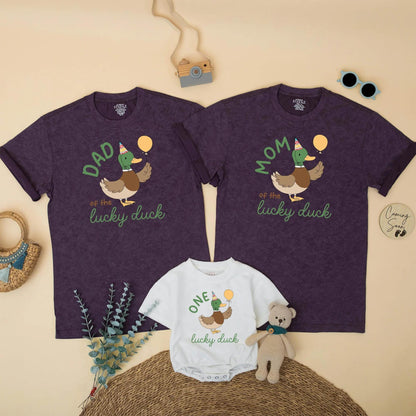 Matching Family One Lucky Duck Birthday Shirts, Boy's 1st Birthday Outfit, Mommy and Me Duck Tee, Cute Duck with Balloon, Gift