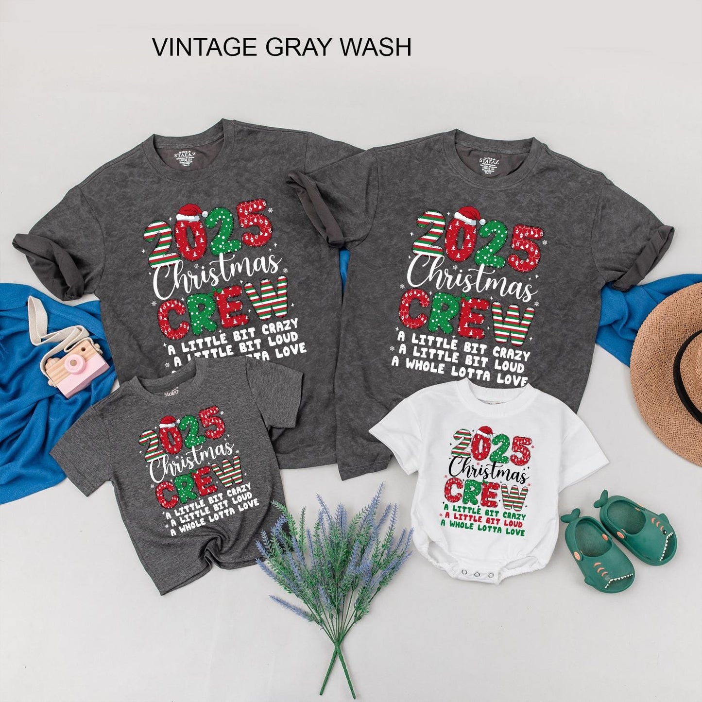 Matching Family Christmas Crew 2025 Shirts: Crazy Loud Love Holiday Tees, Xmas Vacation Squad Outfits, Santa Hat Pattern, Festive Family Matching