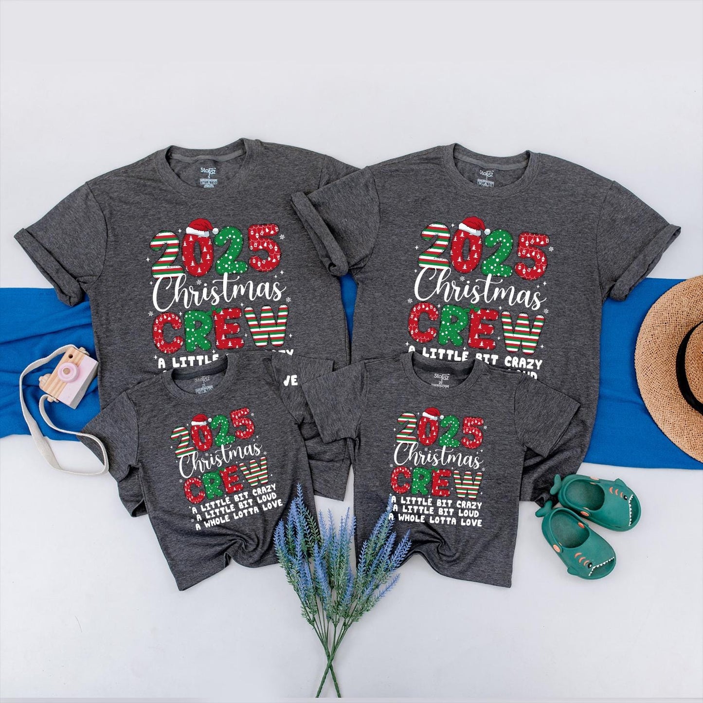 Matching Family Christmas Crew 2025 Shirts: Crazy Loud Love Holiday Tees, Xmas Vacation Squad Outfits, Santa Hat Pattern, Festive Family Matching