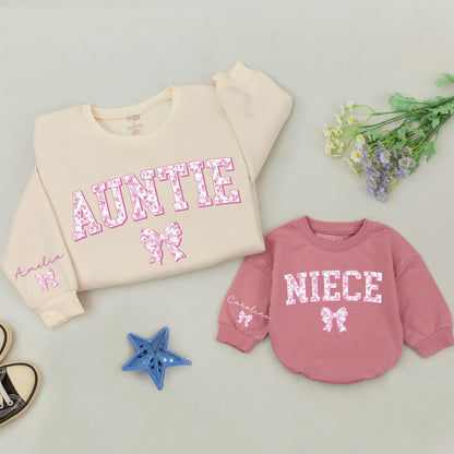 Matching Auntie & Niece Sweatshirts: Floral Bow Design, Auntie's Bestie, Fun New Aunt Gift, Personalized Name Sleeve, Playful Auntie Me Set, Pink Accents