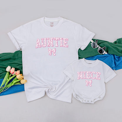 Whimsical Chinoiserie Auntie and Niece Matching T-Shirt Pink Floral Bow Auntie's Bestie Gift for Aunt