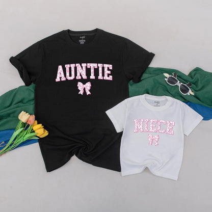 Whimsical Chinoiserie Auntie and Niece Matching T-Shirt Pink Floral Bow Auntie's Bestie Gift for Aunt