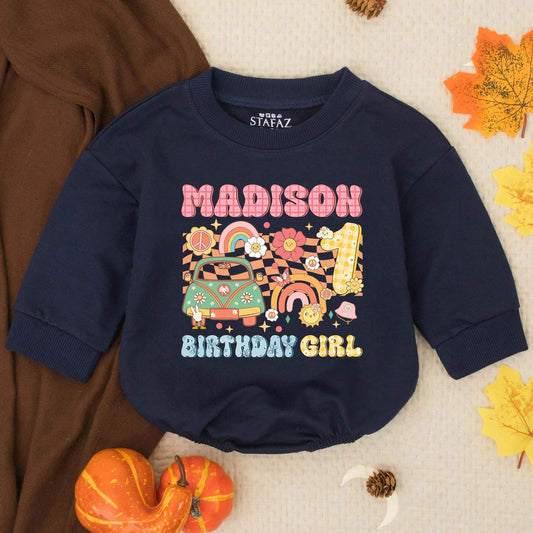Personalized Groovy First Birthday Girl Bubble Romper Madison Design with Vintage Van Flowers Peace Signs Rainbows Colorful Retro Outfit