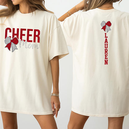 Cheer Mom Shirt with Glitter Bow & Personalized Name, Sparkly Cheerleading Tee, Custom School Colors, Game Day Style, Red & Silver Design 138