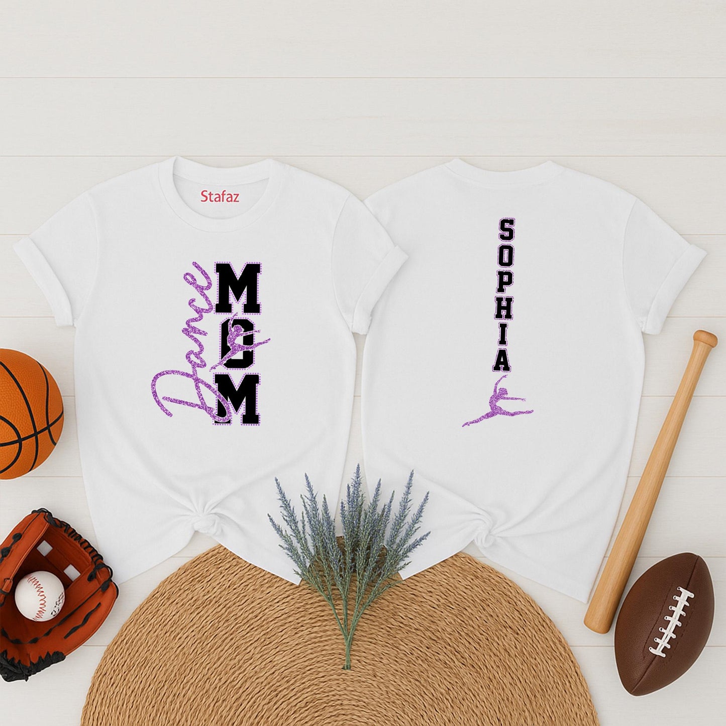 Sparkly Dance Mom Shirt Personalized with Sophia & Dance, Faux Rhinestone Bling Tee, Custom Name Dance Team Top, Gift for Dance Recital, Purple Lilac Design