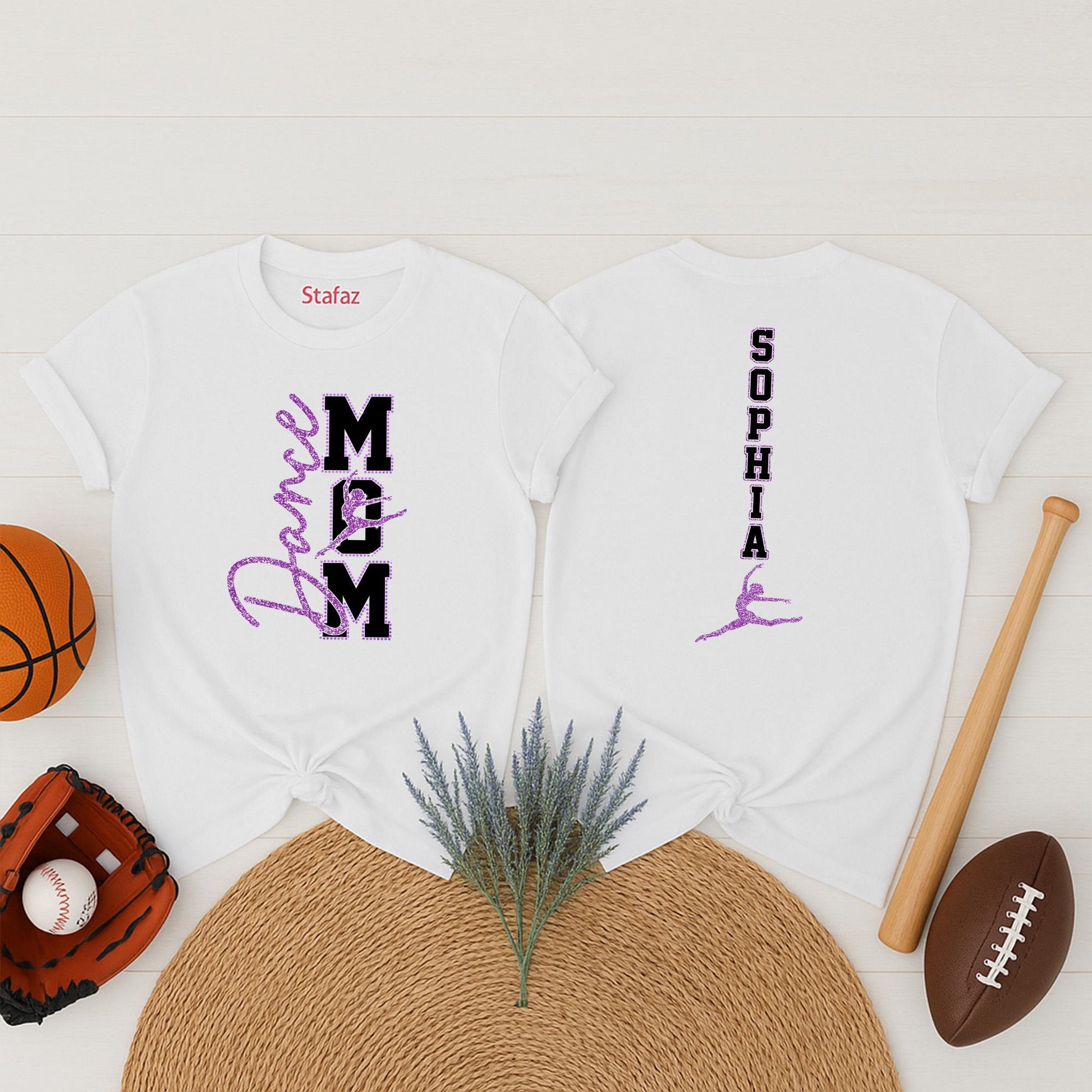 Sparkly Dance Mom Shirt Personalized with Sophia & Dance, Faux Rhinestone Bling Tee, Custom Name Dance Team Top, Gift for Dance Recital, Purple Lilac Design
