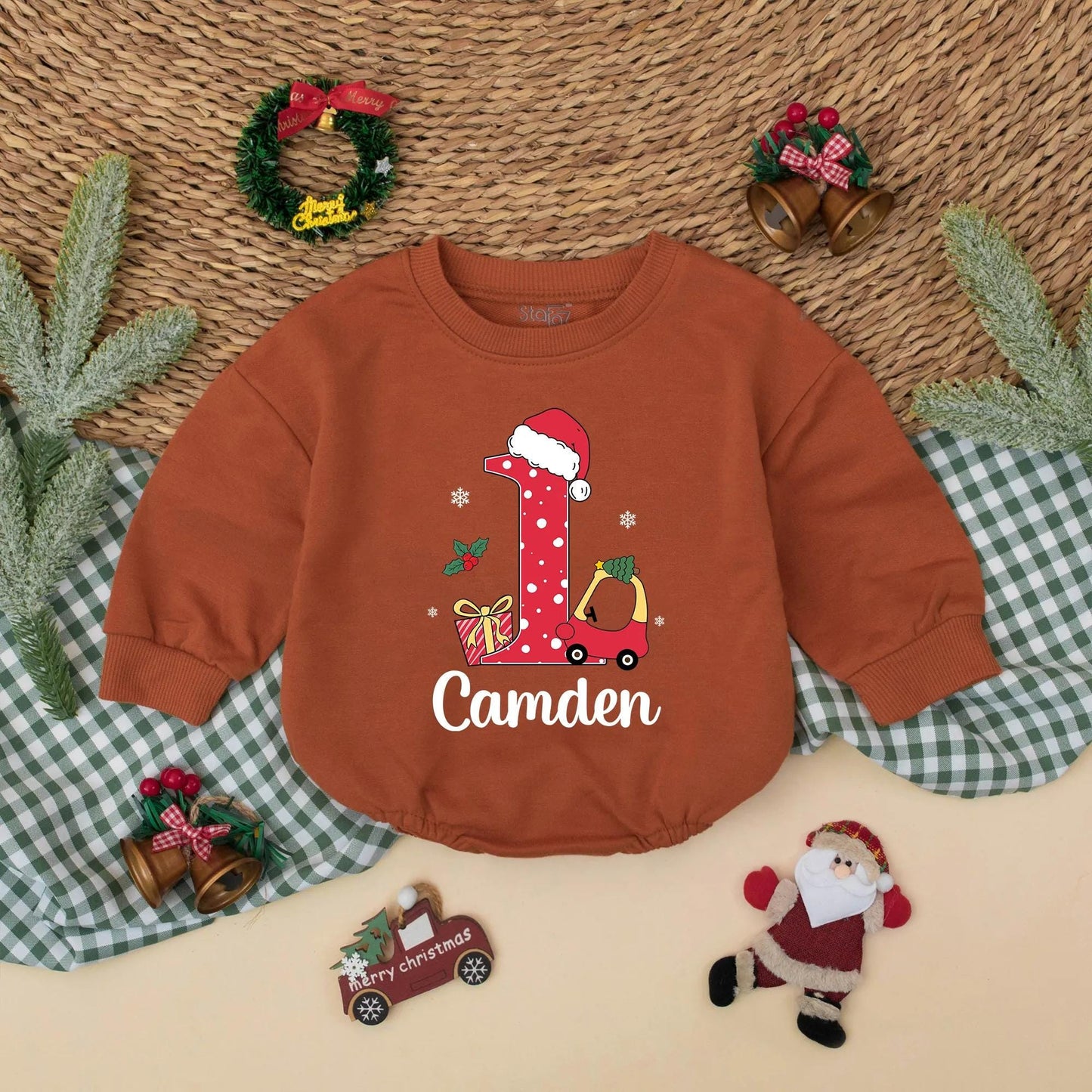 Camden's First Christmas Romper: Red Car 1st Birthday Bodysuit with Santa Hat & Polka Dots for Baby Boy - Holiday Gift