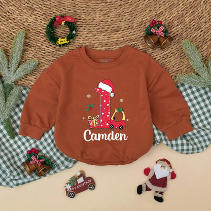 Camden's First Christmas Romper: Red Car 1st Birthday Bodysuit with Santa Hat & Polka Dots for Baby Boy - Holiday Gift