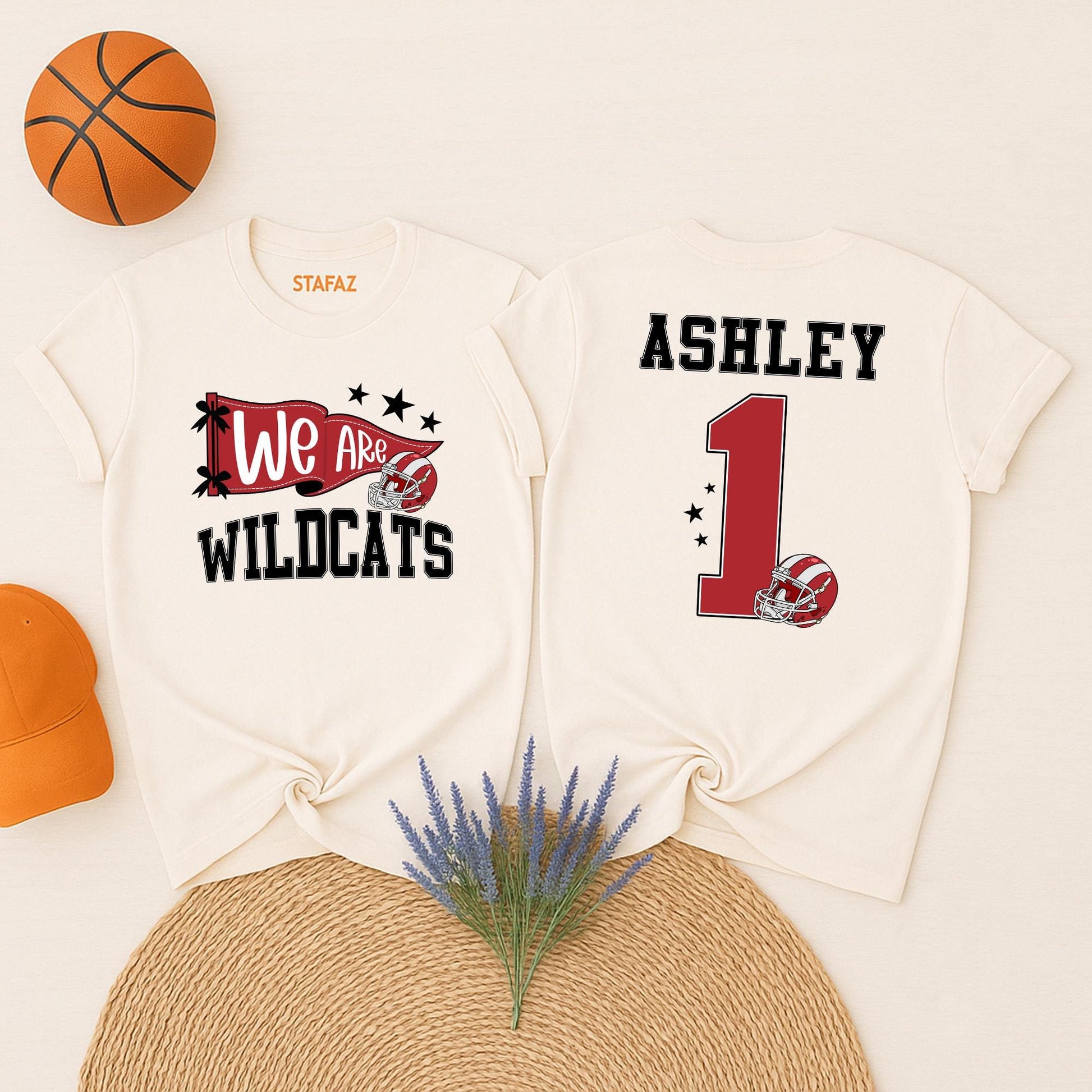 Custom Wildcats We Are Spirit T-Shirt Personalized Name Number School Team Game Day Fan Apparel Red White Helmet Stars