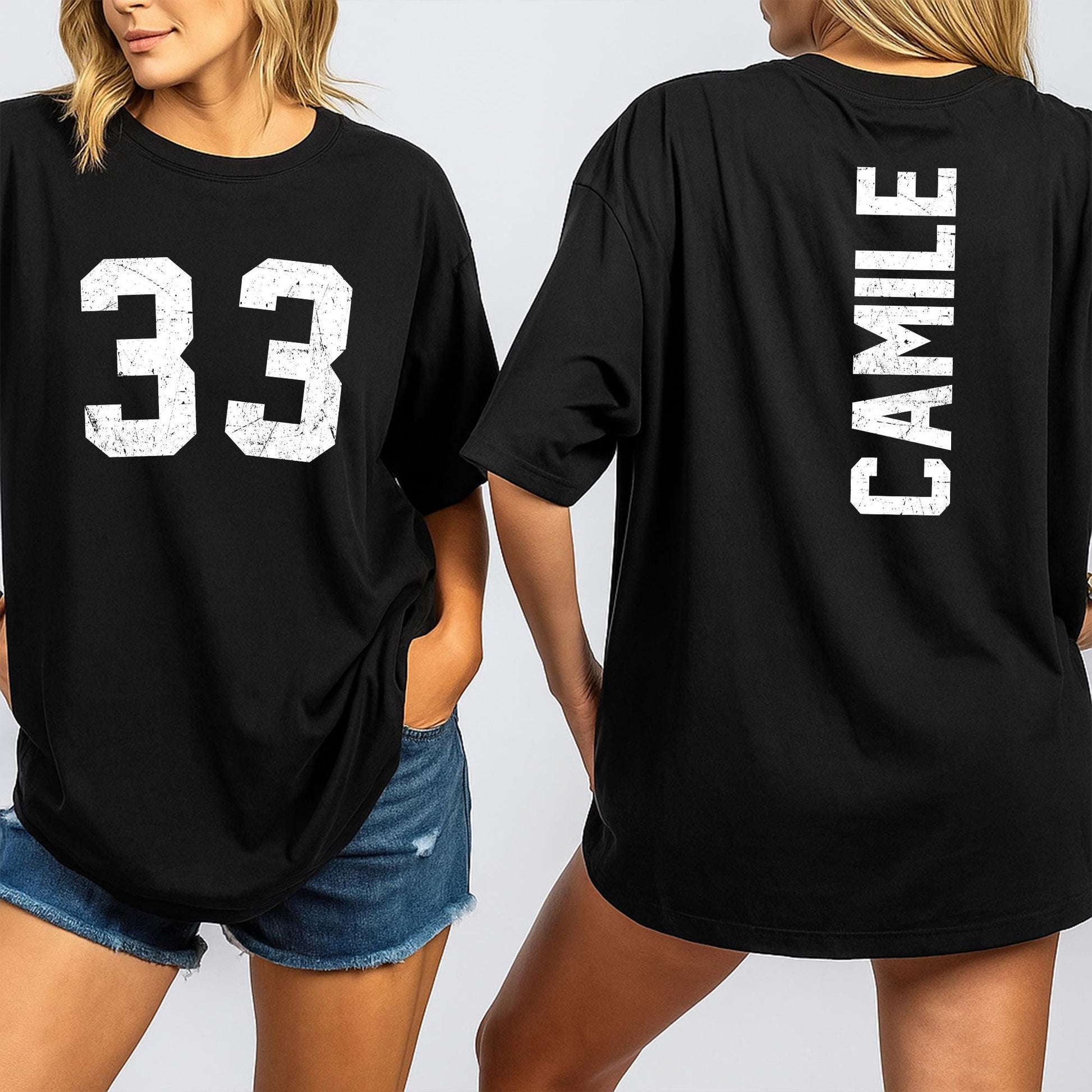 Custom Camile Football Shirt, Personalized School Team Tee with Distressed 33 Number, Game Day Sports Spirit Top, Vintage Style Team Pride Outfit (138 chars)
