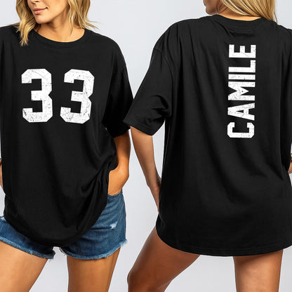 Custom Camile Football Shirt, Personalized School Team Tee with Distressed 33 Number, Game Day Sports Spirit Top, Vintage Style Team Pride Outfit (138 chars)