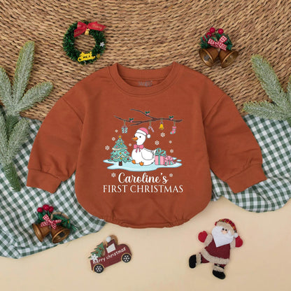 Personalized Pink Goose Baby's First Christmas Romper with Santa Hat Cute Goose Holiday Bodysuit Baby Girl First Christmas Gift