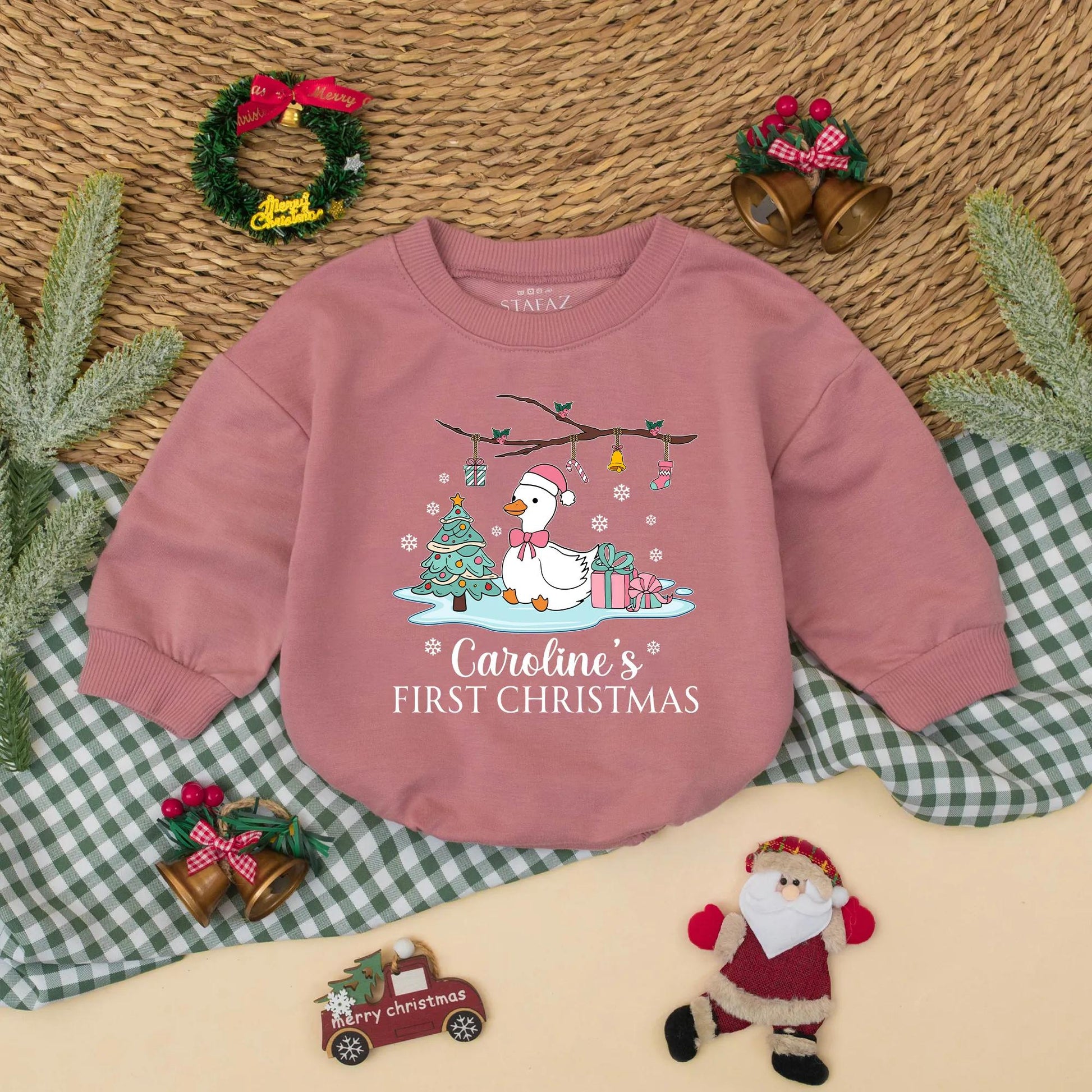 Personalized Pink Goose Baby's First Christmas Romper with Santa Hat Cute Goose Holiday Bodysuit Baby Girl First Christmas Gift