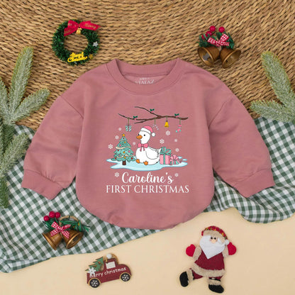 Personalized Pink Goose Baby's First Christmas Romper with Santa Hat Cute Goose Holiday Bodysuit Baby Girl First Christmas Gift