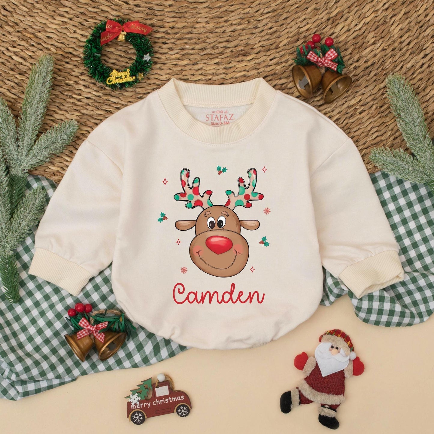 Personalized Baby Reindeer Romper for Christmas, Custom Name Boys Toddler Sweatshirt Outfit Holiday Gift Cute Festive Clothes 1st Xmas  (138 chars)