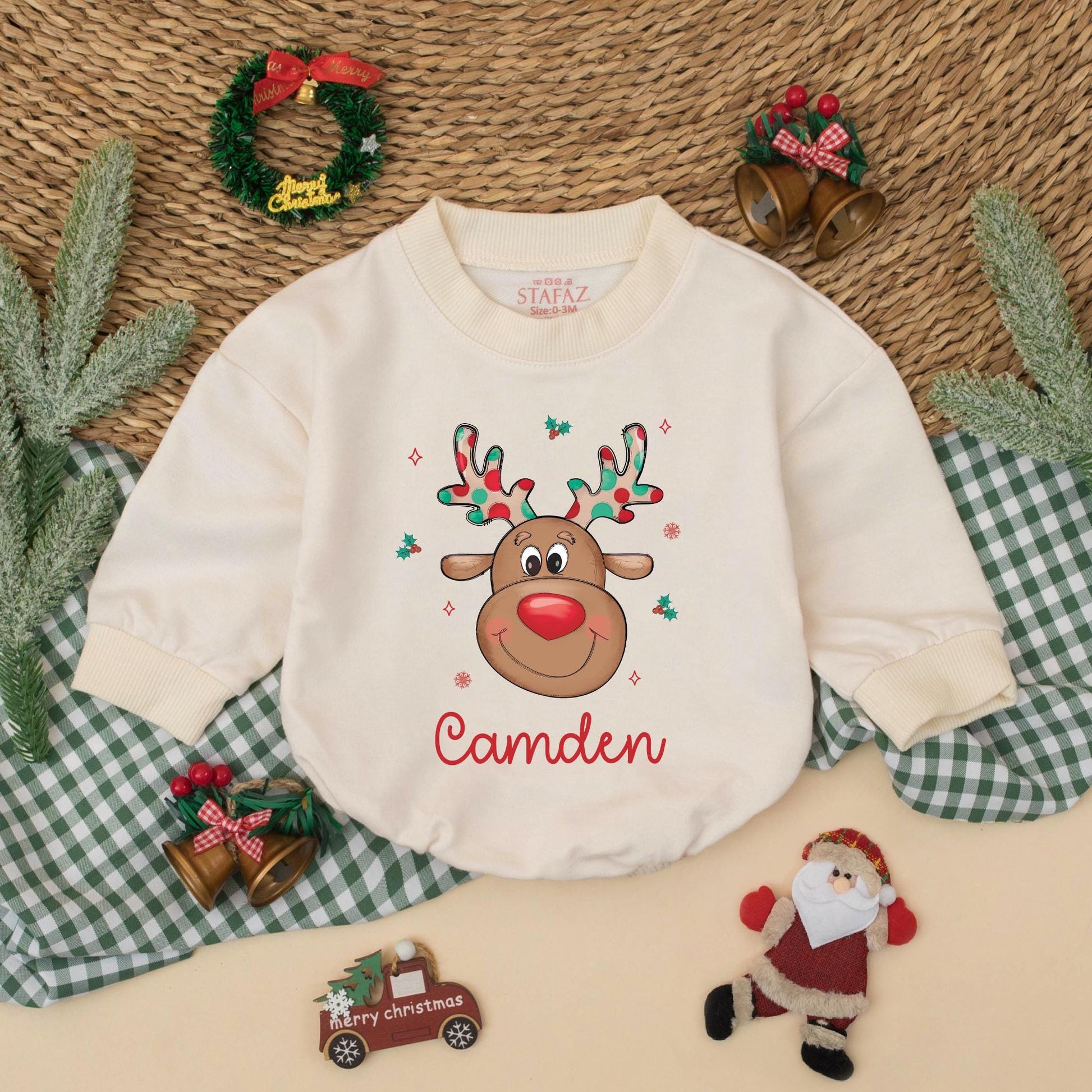 Personalized Baby Reindeer Romper for Christmas, Custom Name Boys Toddler Sweatshirt Outfit Holiday Gift Cute Festive Clothes 1st Xmas  (138 chars)