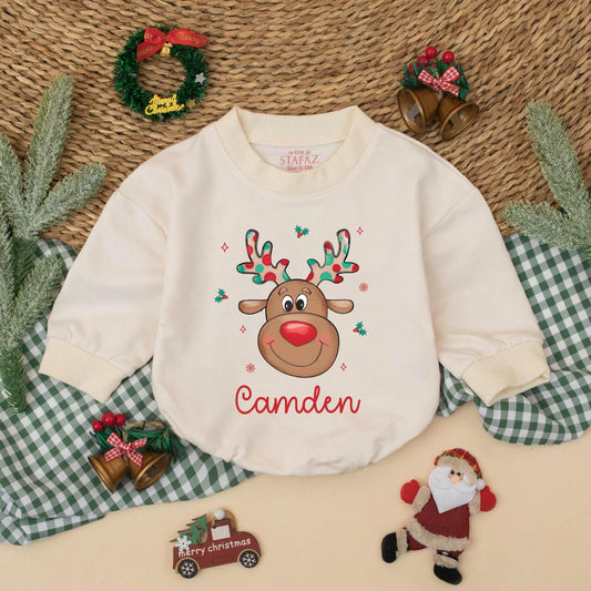 Personalized Baby Reindeer Romper for Christmas, Custom Name Boys Toddler Sweatshirt Outfit Holiday Gift Cute Festive Clothes 1st Xmas  (138 chars)