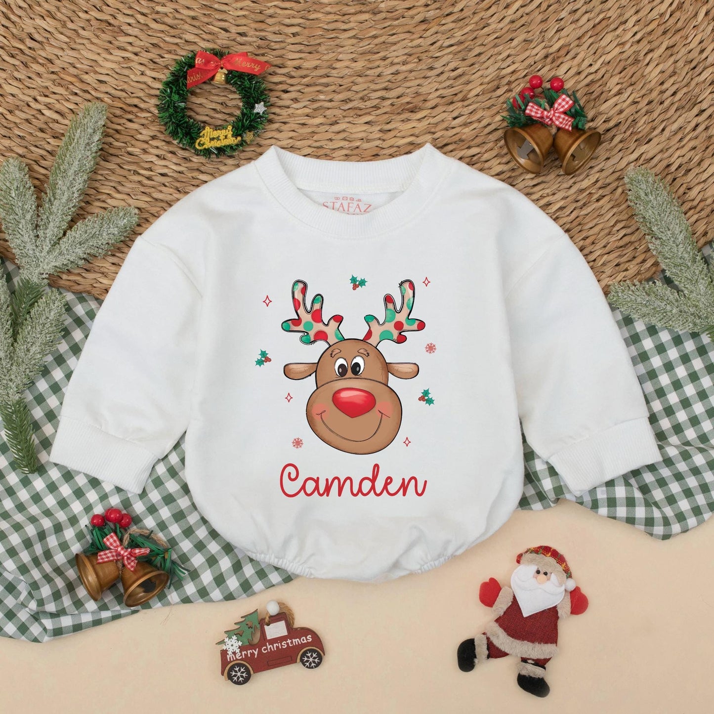Personalized Baby Reindeer Romper for Christmas, Custom Name Boys Toddler Sweatshirt Outfit Holiday Gift Cute Festive Clothes 1st Xmas  (138 chars)