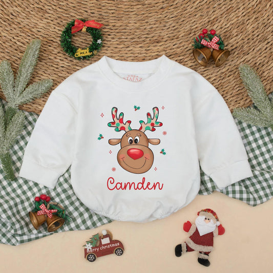 Personalized Baby Reindeer Romper for Christmas, Custom Name Boys Toddler Sweatshirt Outfit Holiday Gift Cute Festive Clothes 1st Xmas  (138 chars)