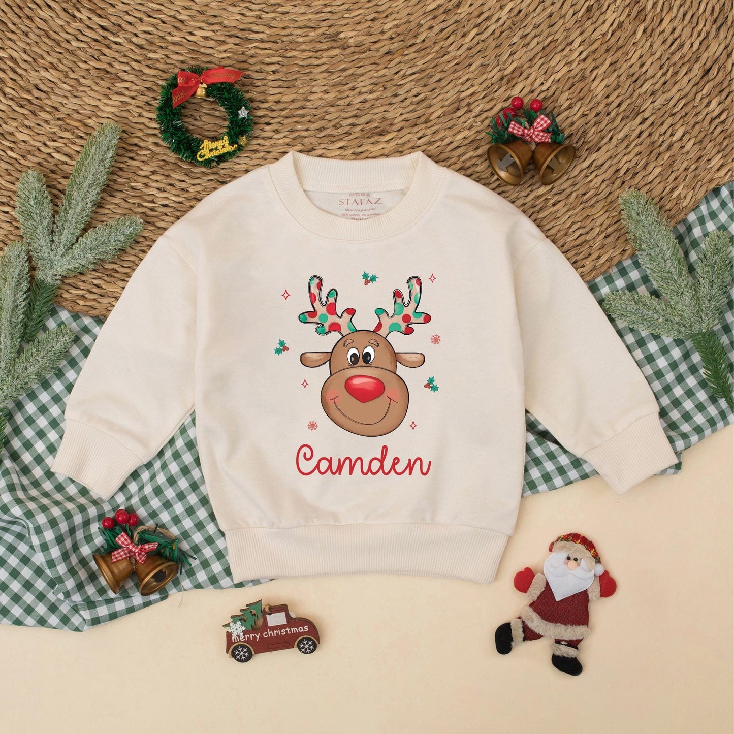 Personalized Baby Reindeer Romper for Christmas, Custom Name Boys Toddler Sweatshirt Outfit Holiday Gift Cute Festive Clothes 1st Xmas  (138 chars)