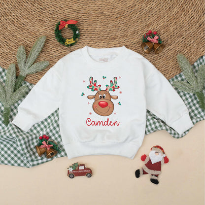 Personalized Baby Reindeer Romper for Christmas, Custom Name Boys Toddler Sweatshirt Outfit Holiday Gift Cute Festive Clothes 1st Xmas  (138 chars)