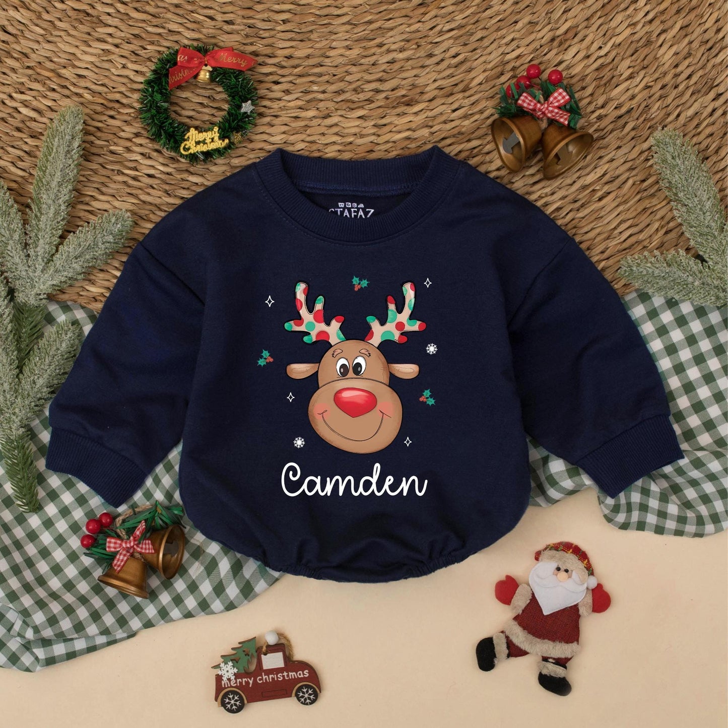 Personalized Baby Reindeer Romper for Christmas, Custom Name Boys Toddler Sweatshirt Outfit Holiday Gift Cute Festive Clothes 1st Xmas  (138 chars)