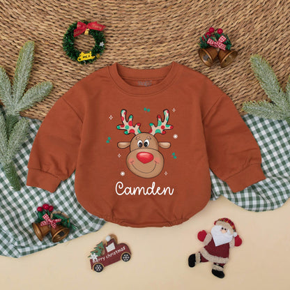 Personalized Baby Reindeer Romper for Christmas, Custom Name Boys Toddler Sweatshirt Outfit Holiday Gift Cute Festive Clothes 1st Xmas  (138 chars)