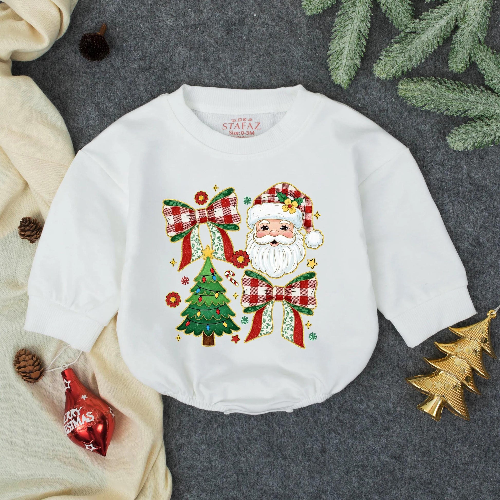 Vintage Santa Christmas Romper, Plaid Bows & Tree Baby Girl Outfit, Merry First Christmas Newborn Clothes, Festive Holiday Gift, Retro Style 138
