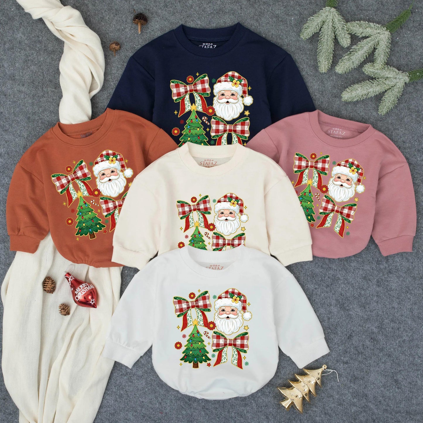 Vintage Santa Christmas Romper, Plaid Bows & Tree Baby Girl Outfit, Merry First Christmas Newborn Clothes, Festive Holiday Gift, Retro Style 138