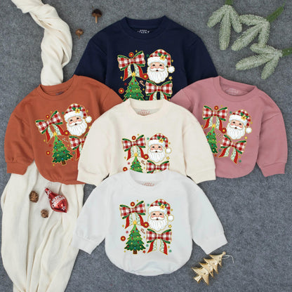 Vintage Santa Christmas Romper, Plaid Bows & Tree Baby Girl Outfit, Merry First Christmas Newborn Clothes, Festive Holiday Gift, Retro Style 138