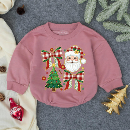 Vintage Santa Christmas Romper, Plaid Bows & Tree Baby Girl Outfit, Merry First Christmas Newborn Clothes, Festive Holiday Gift, Retro Style 138