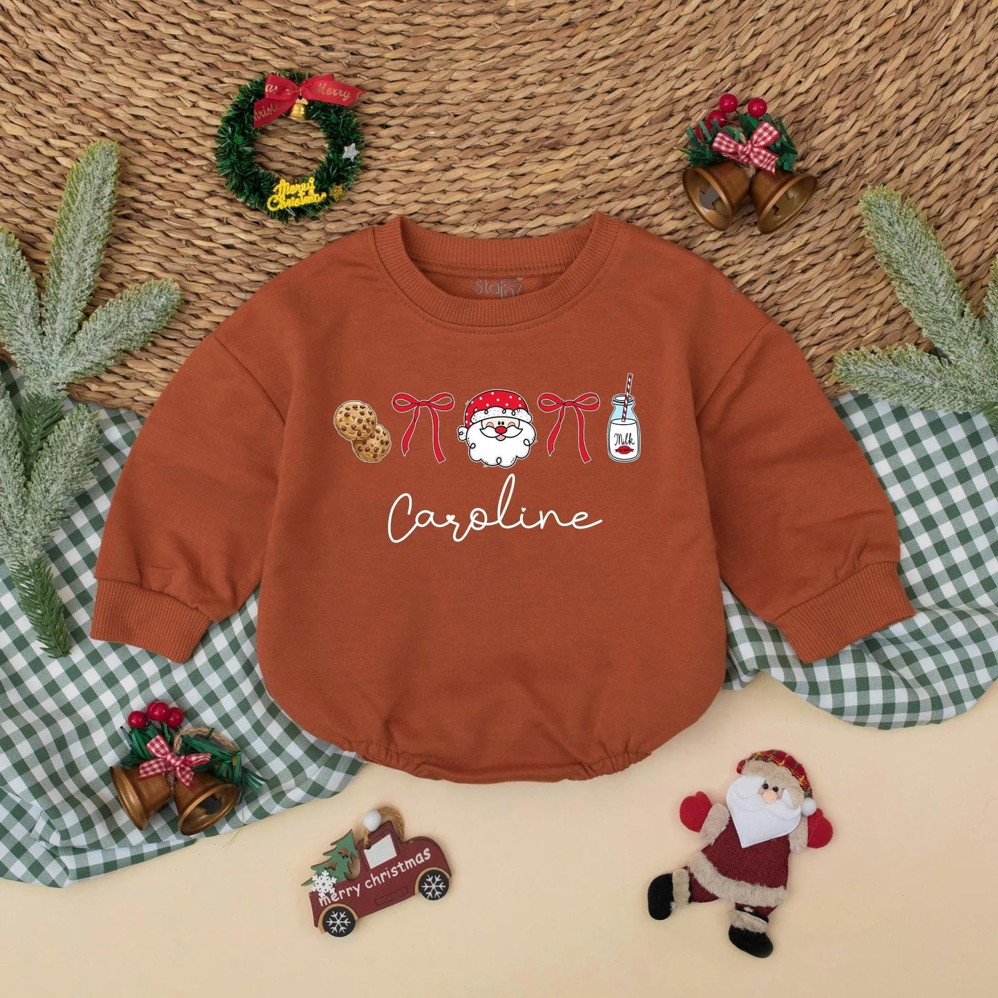 Personalized Santa Baby Romper Bubble "Caroline" Cute Christmas Cookies Milk Ribbons Holiday Photo Outfit for Baby Girl First Christmas Gift 138