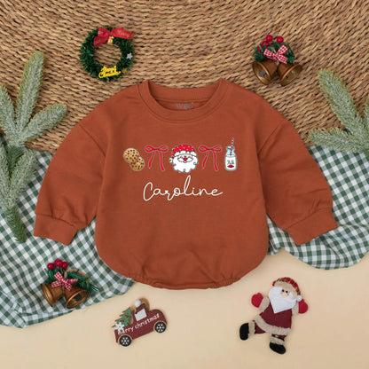 Personalized Santa Baby Romper Bubble "Caroline" Cute Christmas Cookies Milk Ribbons Holiday Photo Outfit for Baby Girl First Christmas Gift 138