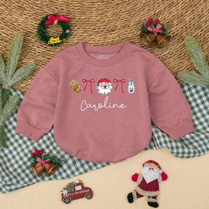 Personalized Santa Baby Romper Bubble "Caroline" Cute Christmas Cookies Milk Ribbons Holiday Photo Outfit for Baby Girl First Christmas Gift 138