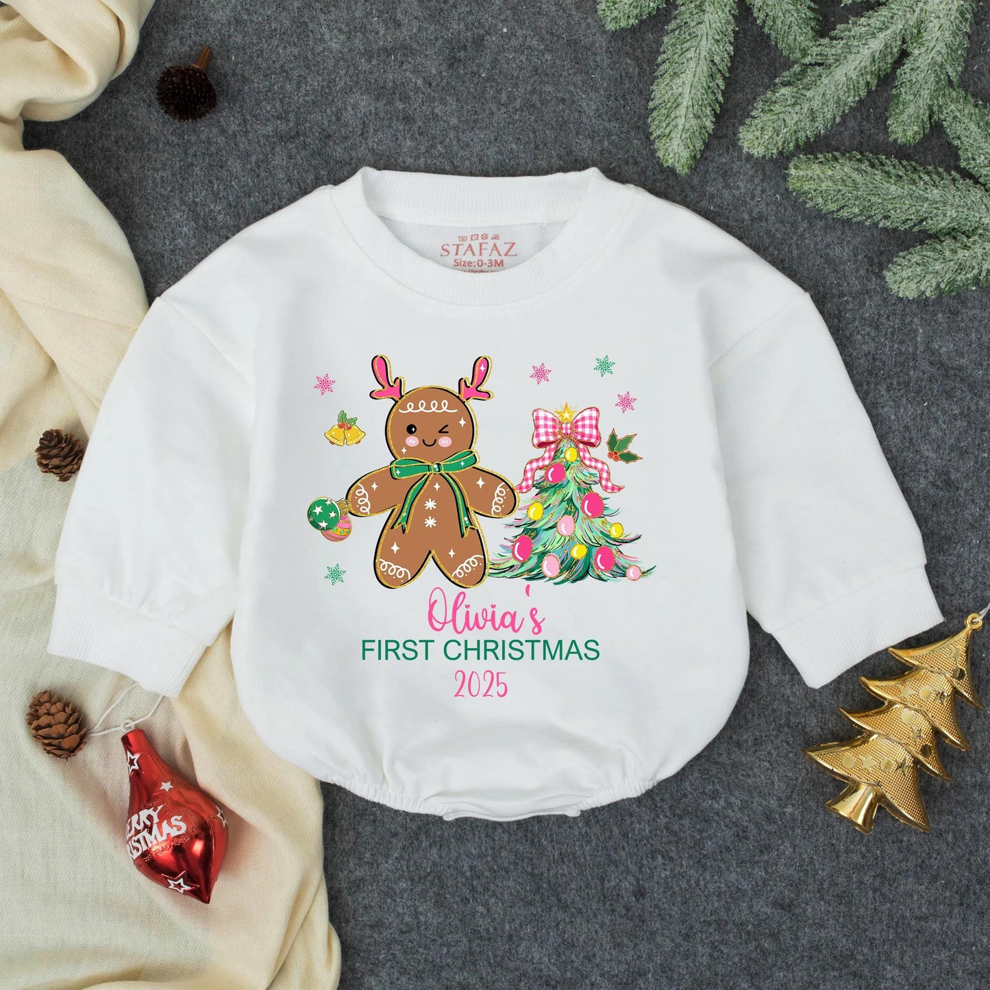 Olivia's First Christmas 2025 Romper, Cute Gingerbread Reindeer Outfit, Personalized Baby Girl Holiday Clothes, Pink Bow Bubble Romper, Winter Gift